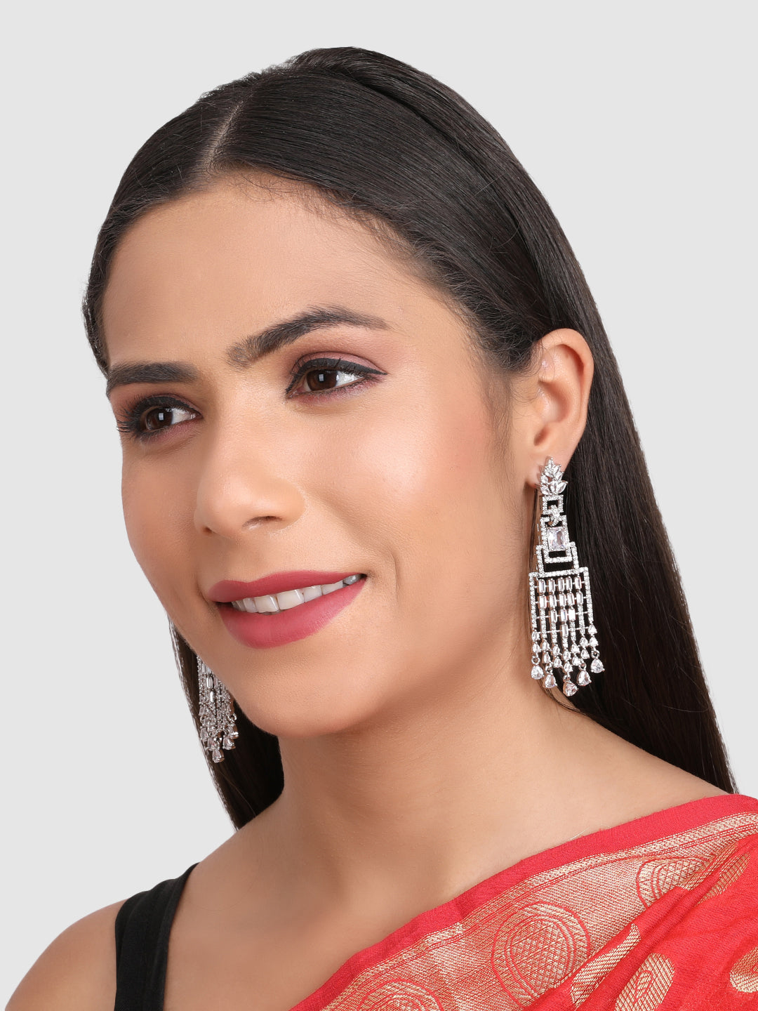 White AD studded Silver Plated Designer Square Drop Earring