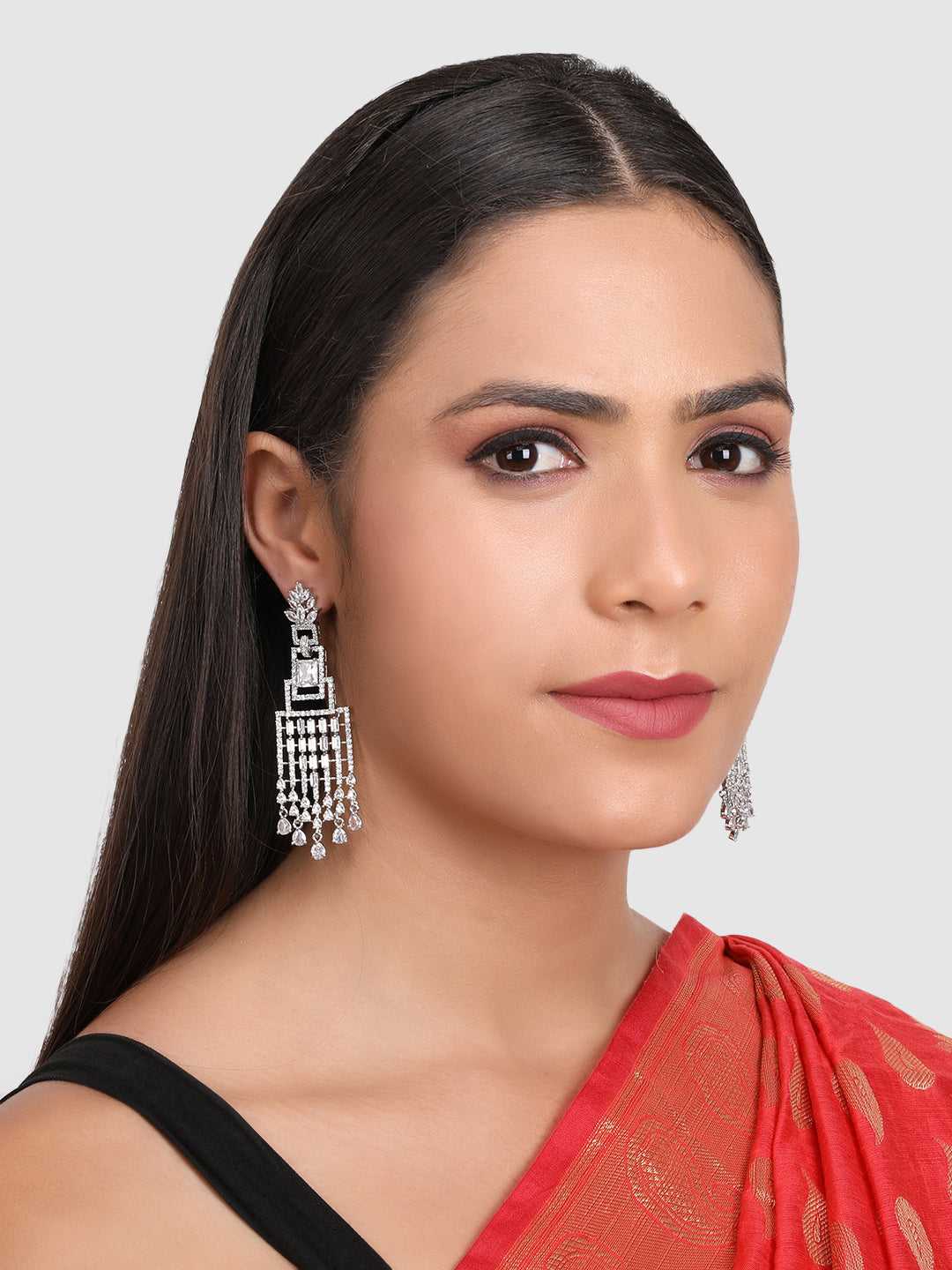 White AD studded Silver Plated Designer Square Drop Earring