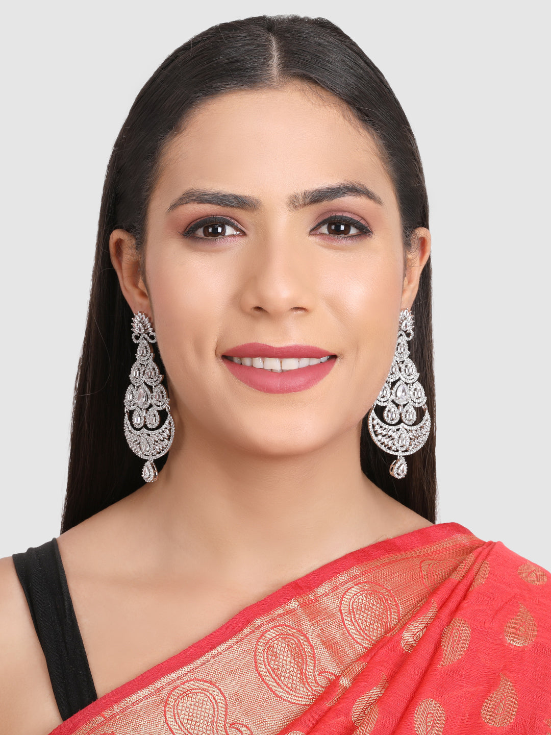 White & Silver-Plated Teardrop Shaped Drop Earrings