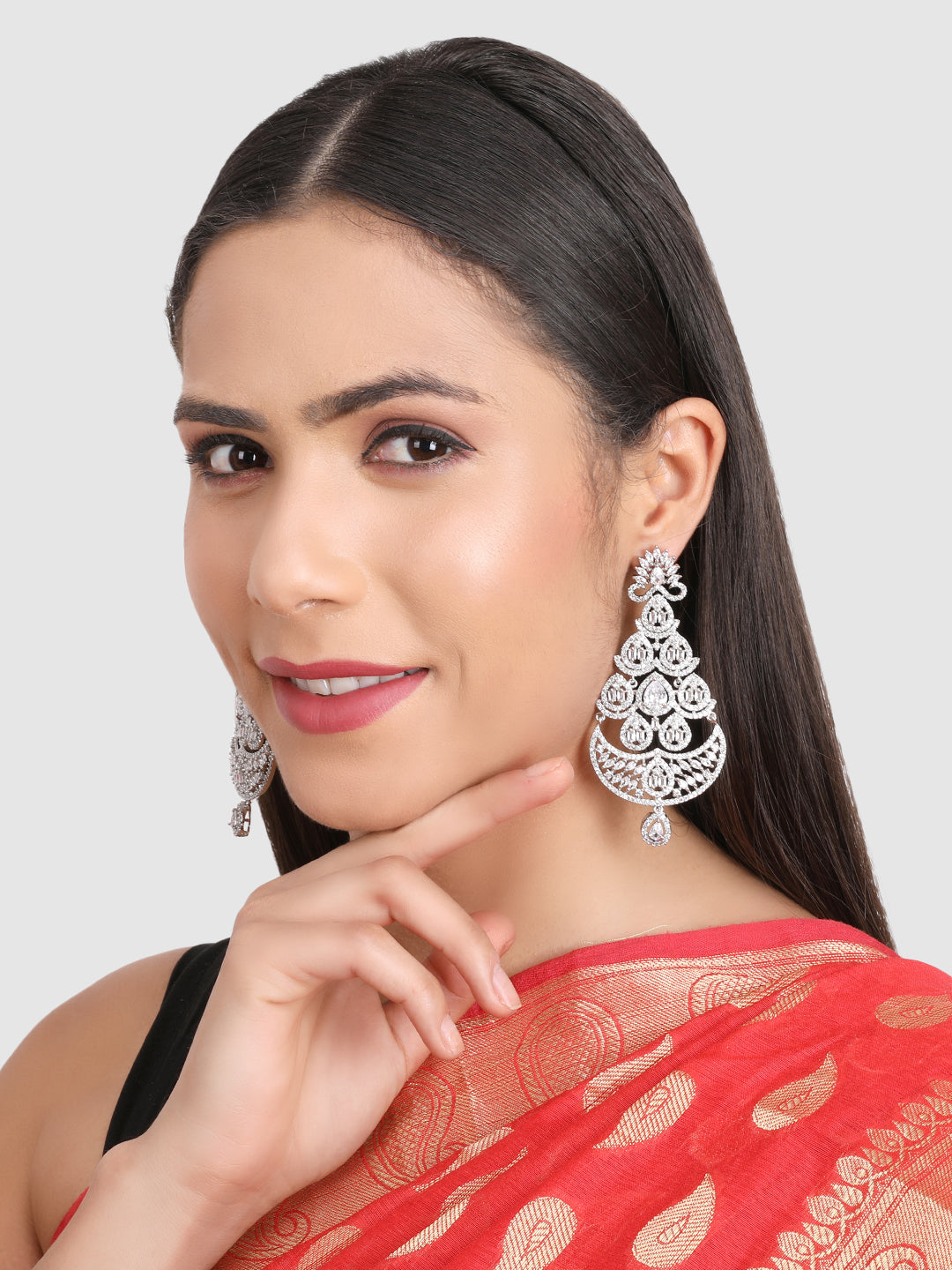 White & Silver-Plated Teardrop Shaped Drop Earrings
