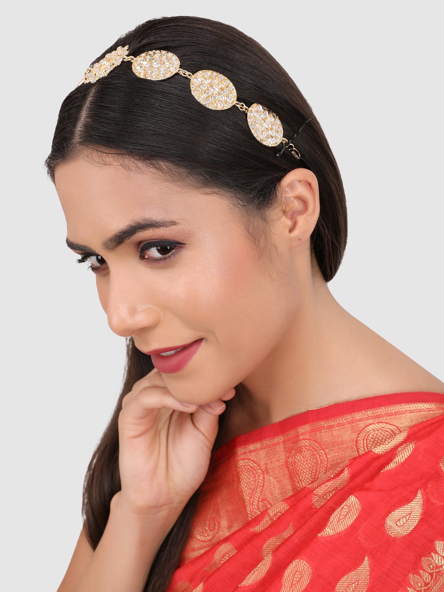 Gold-Plated & White Kundan Studded Floral Shape Head Band