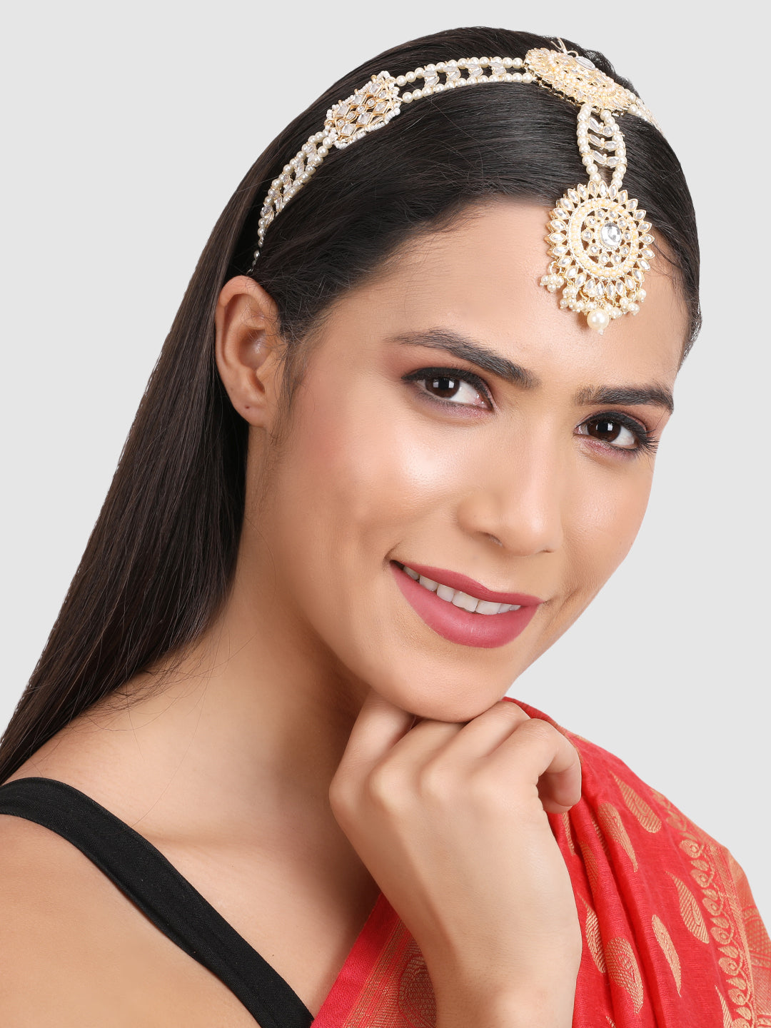 Women Gold-Plated & White Kundan Studded Sheeshphool Head Jewellery