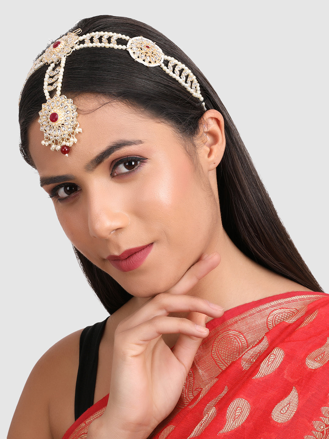 Gold-Plated Maroon Kundan Studded SheeshPhool Head Jewellery