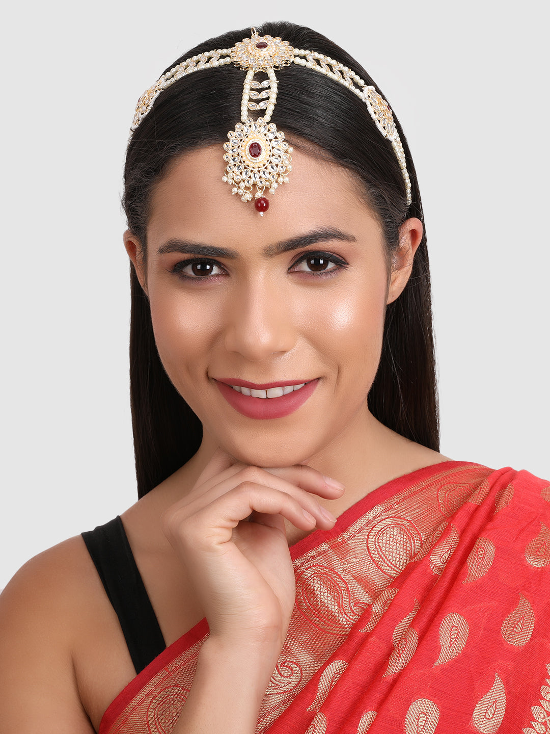 Gold-Plated Maroon & White Kundan-Studded Matha Patti