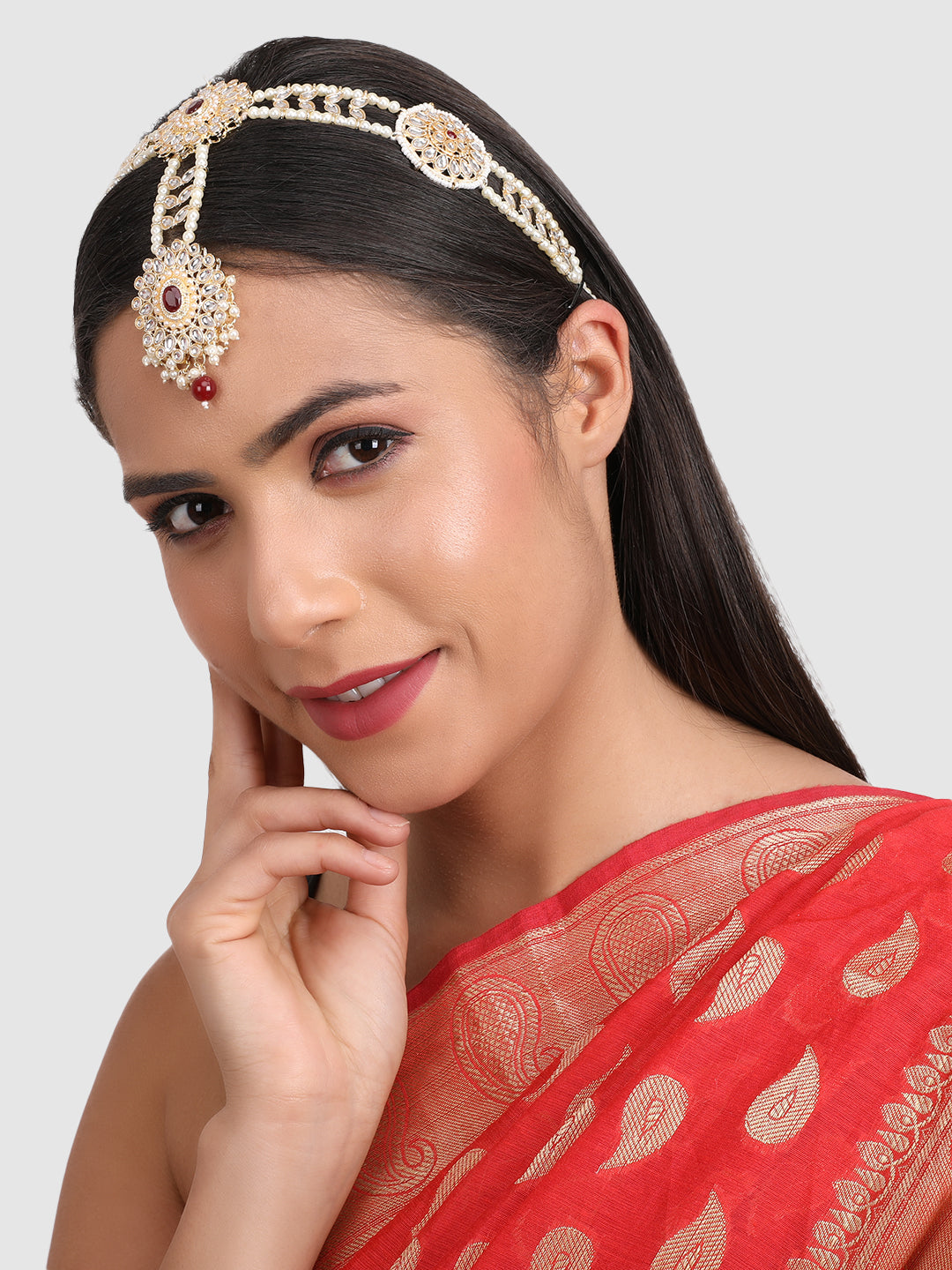 Gold-Plated Maroon & White Kundan-Studded Matha Patti