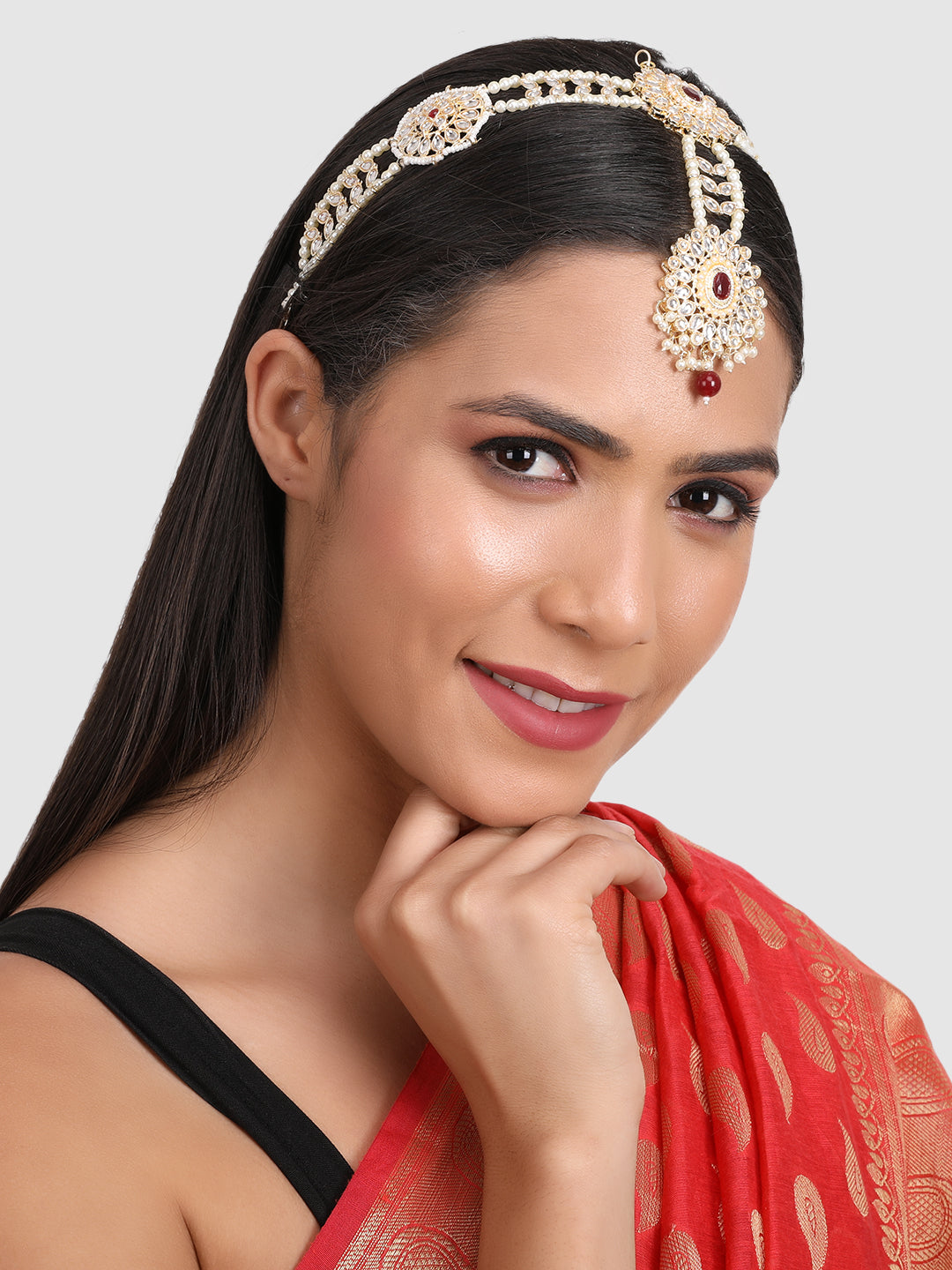 Gold-Plated Maroon & White Kundan-Studded Matha Patti