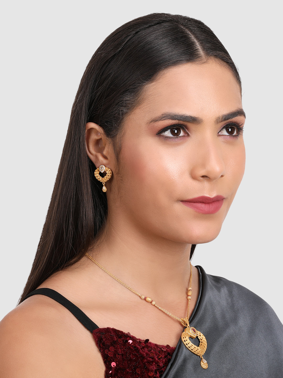 Gold-Plated Pink Stone Studded Heart Shape Jewellery Set