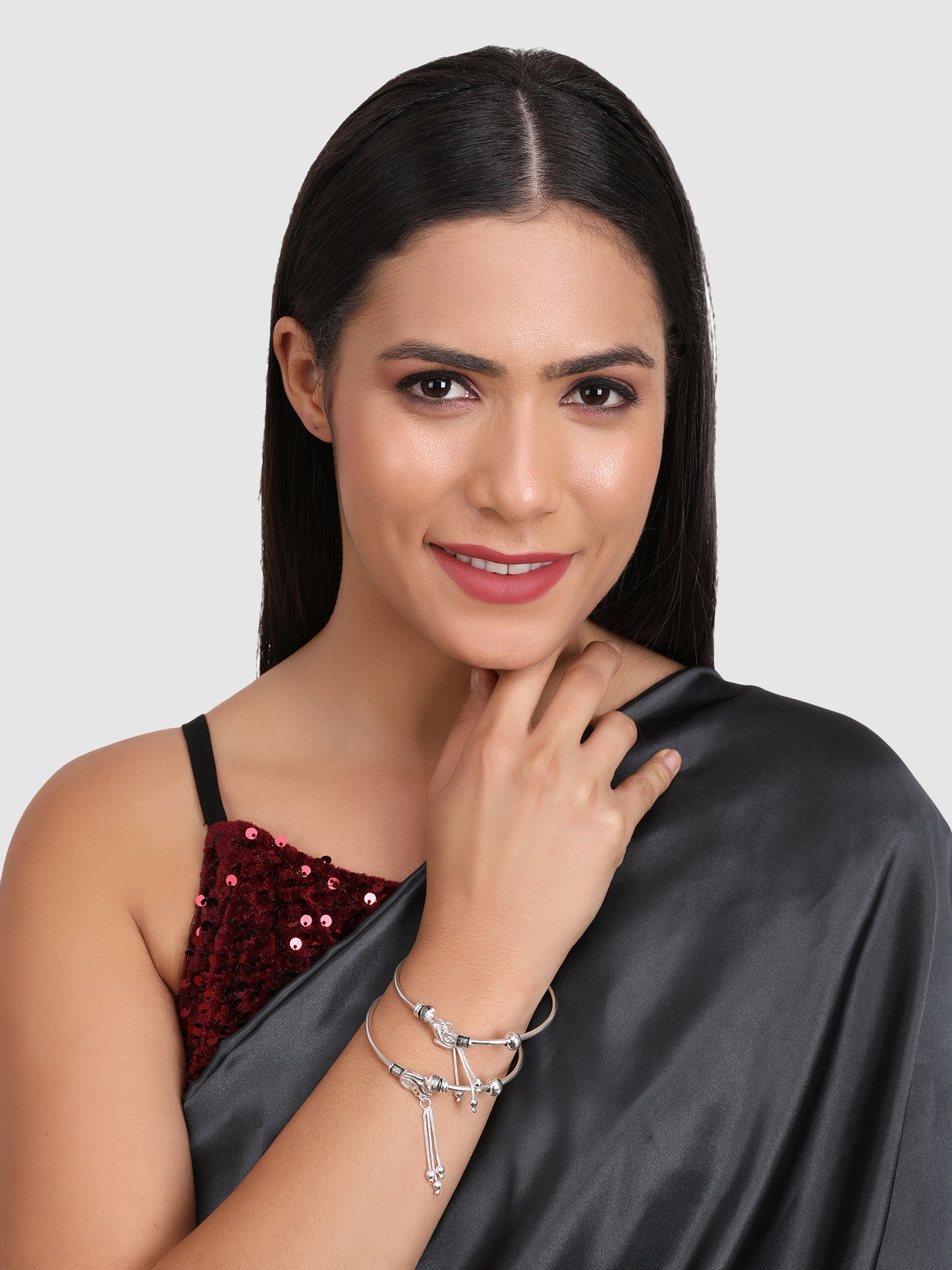 Set Of 2 Silver Adjustable Latkan Bracelets