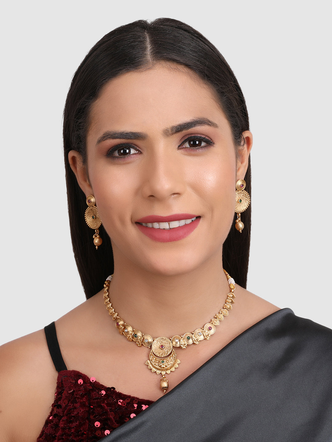 Gold-Plated Green & Pink Stone Studded Traditional Jewellery Set
