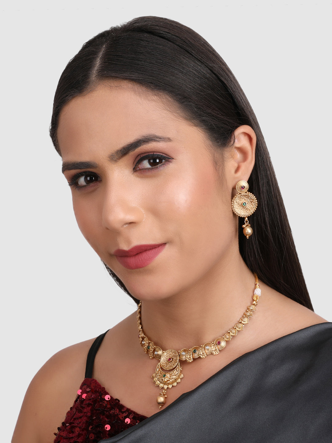 Gold-Plated Green & Pink Stone Studded Traditional Jewellery Set