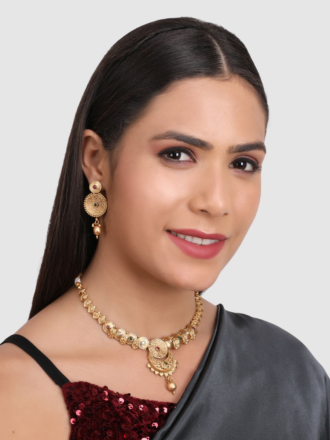 Gold-Plated Green & Pink Stone Studded Traditional Jewellery Set
