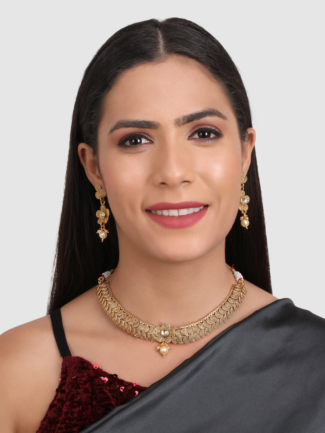 Gold-Plated White Pearls-Studded Double Chain Jewellery Set