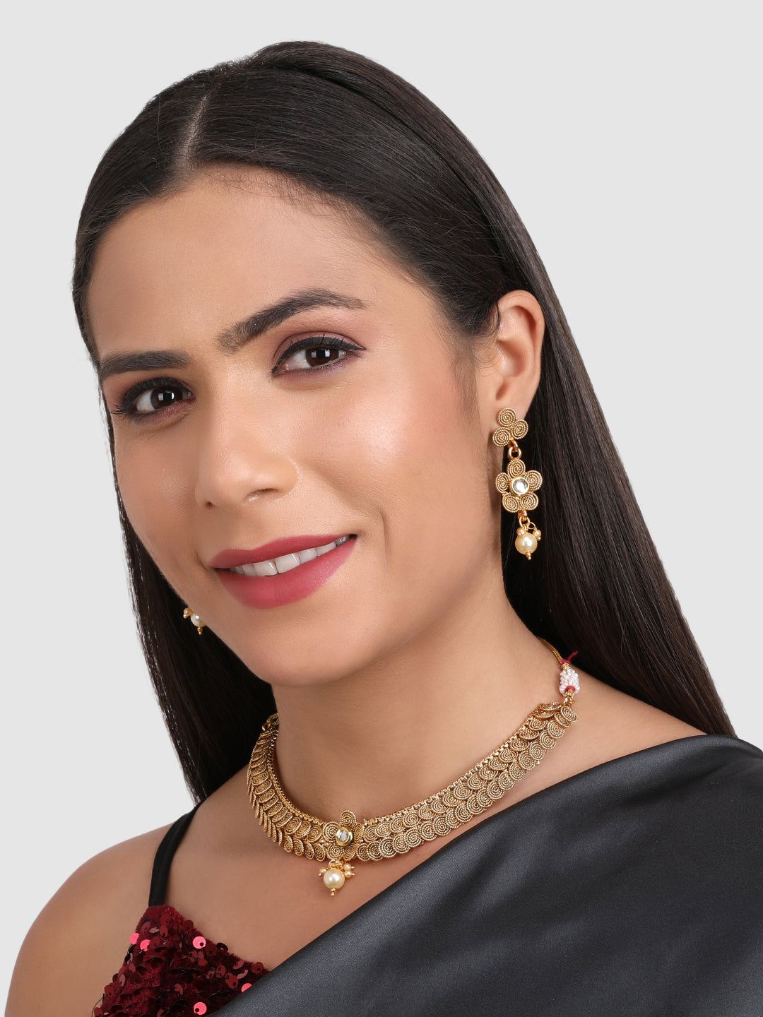 Gold-Plated White Pearls-Studded Double Chain Jewellery Set