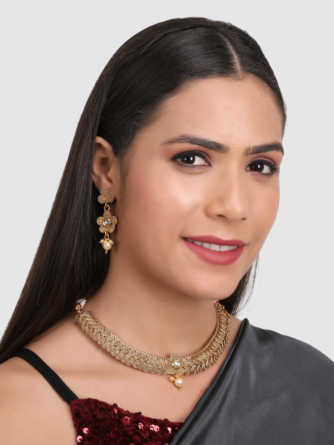 Gold-Plated White Pearls-Studded Double Chain Jewellery Set