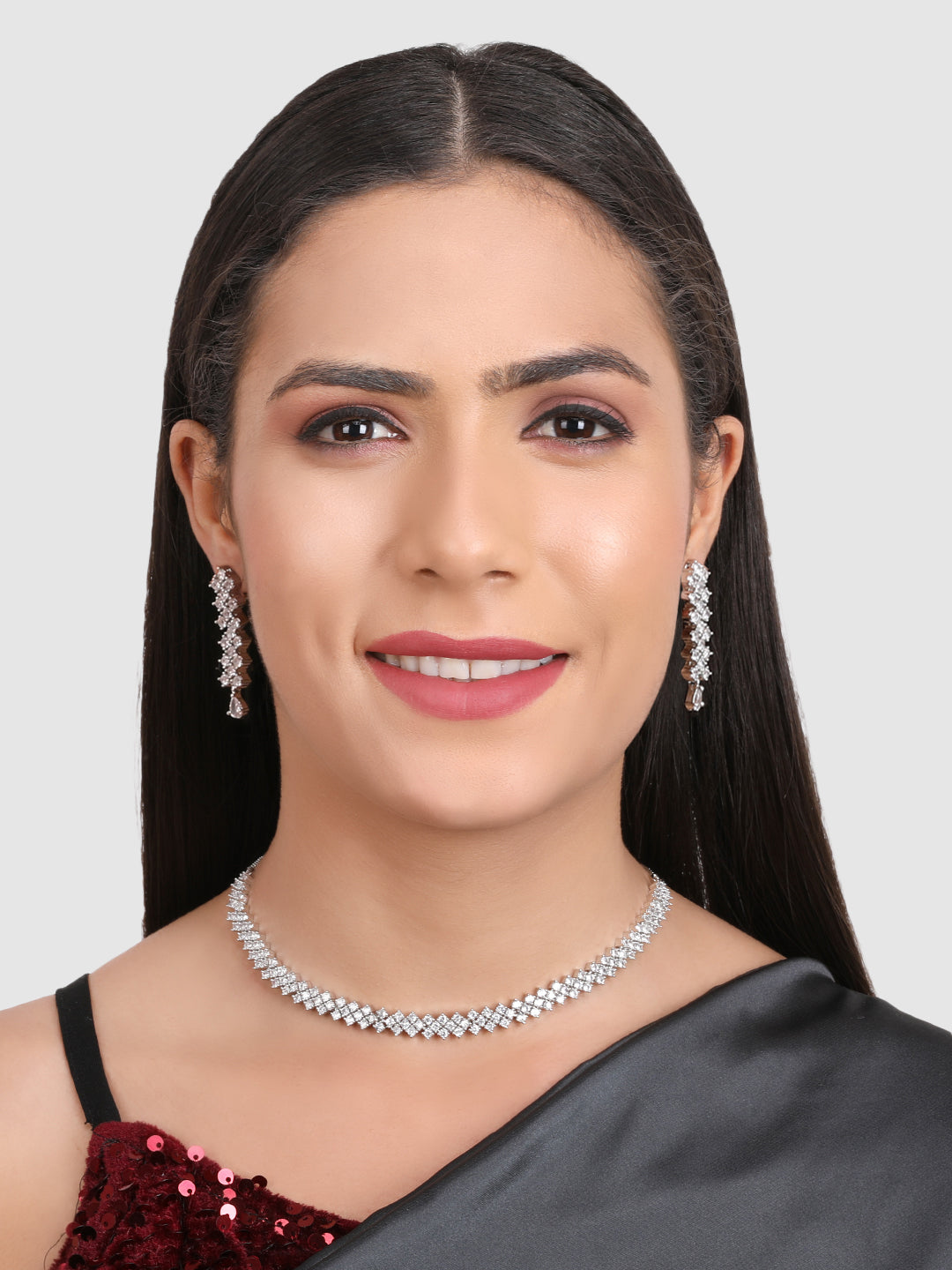 Silver-Plated & White AD-Studded Jewellery Set