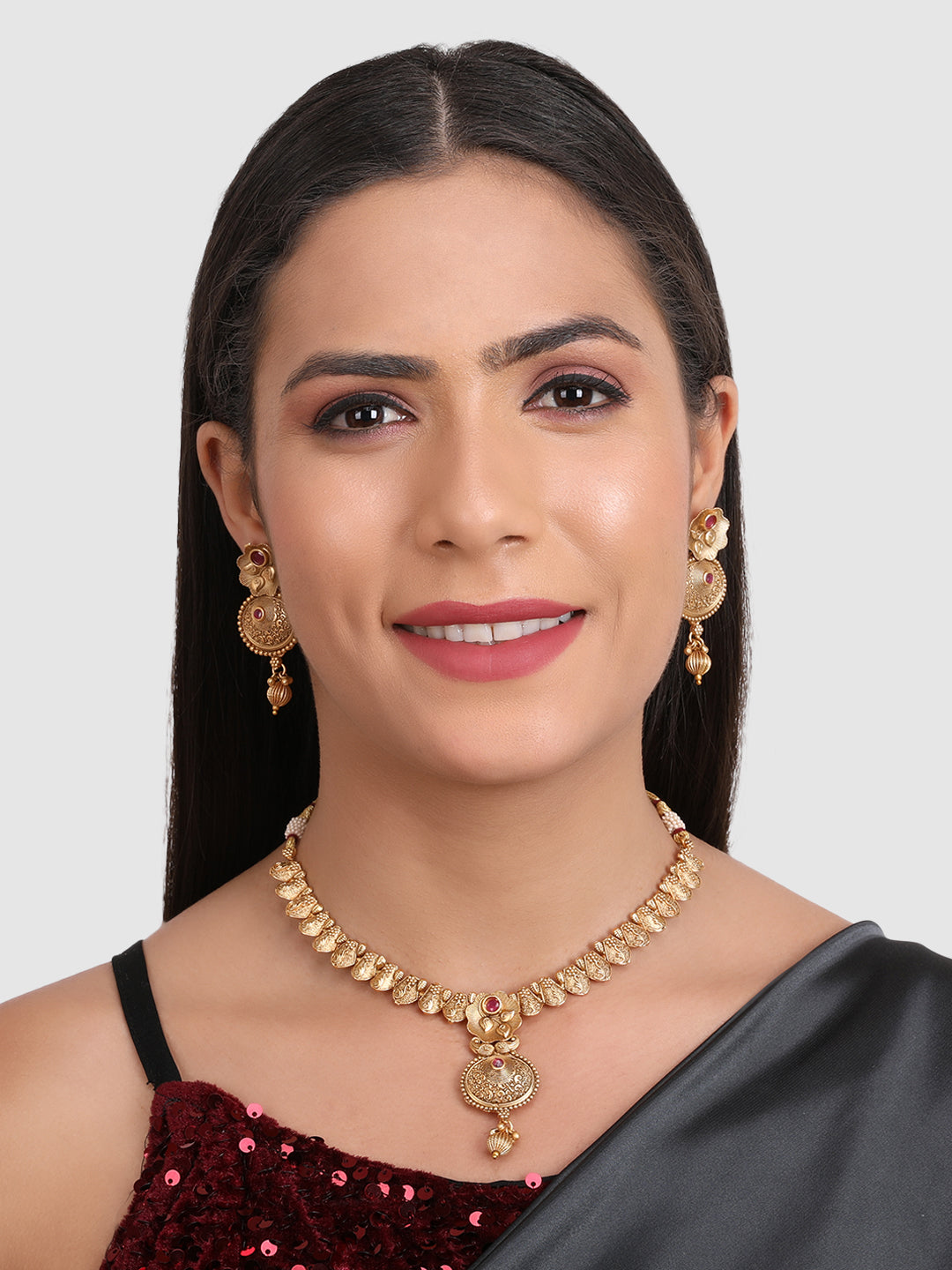 Gold-Plated Pink Artificial Stone Studded Jewellery Set