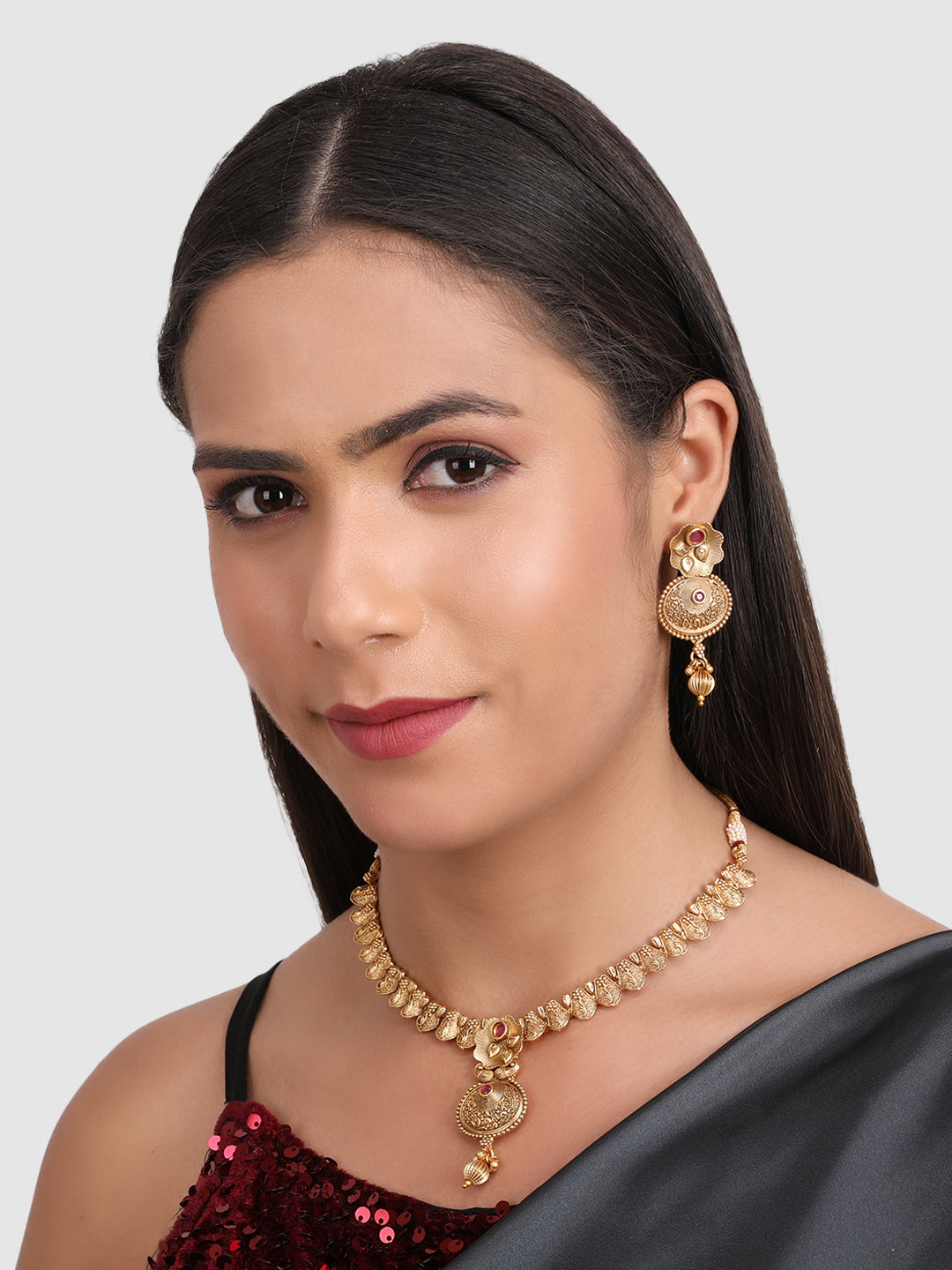 Gold-Plated Pink Artificial Stone Studded Jewellery Set
