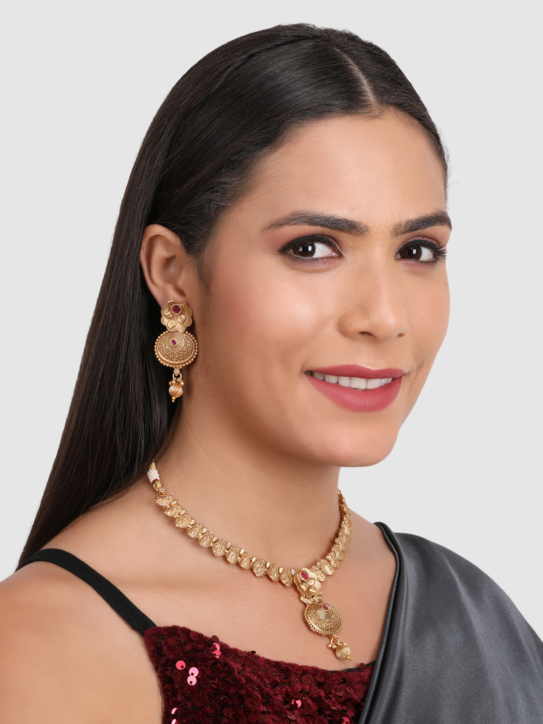 Gold-Plated Pink Artificial Stone Studded Jewellery Set