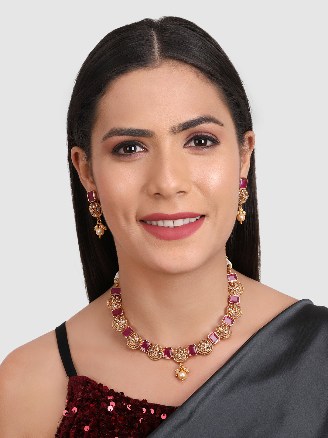 Gold-Plated Magenta Stone-Studded Choker Set