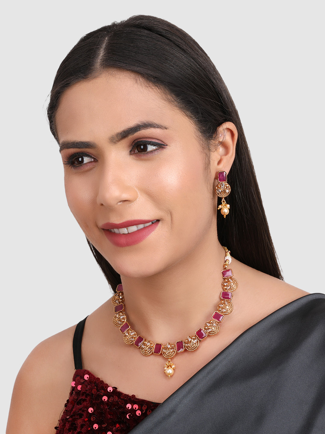 Gold-Plated Magenta Stone-Studded Choker Set