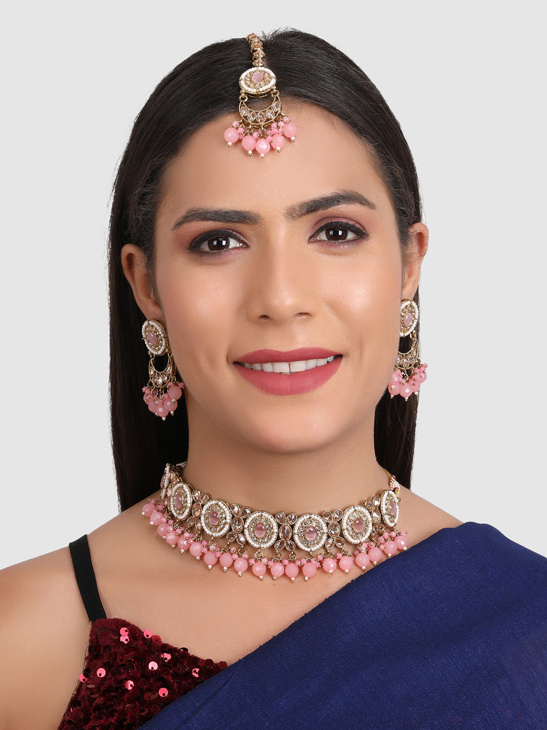 Gold-Plated Pink & White Stone-Studded & Beaded Jewellery Set