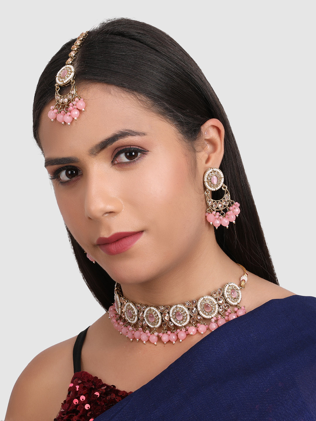 Gold-Plated Pink & White Stone-Studded & Beaded Jewellery Set