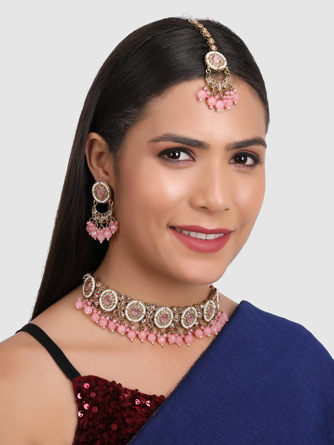 Gold-Plated Pink & White Stone-Studded & Beaded Jewellery Set