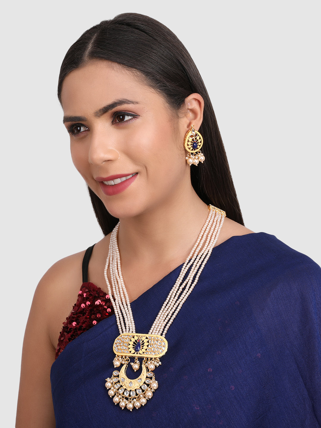 Gold-Plated White Kundan Studded Long Jewellery Set
