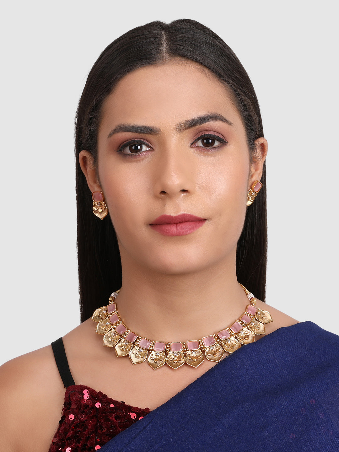 Gold-Plated Pink Stone Studded Choker Jewellery Set