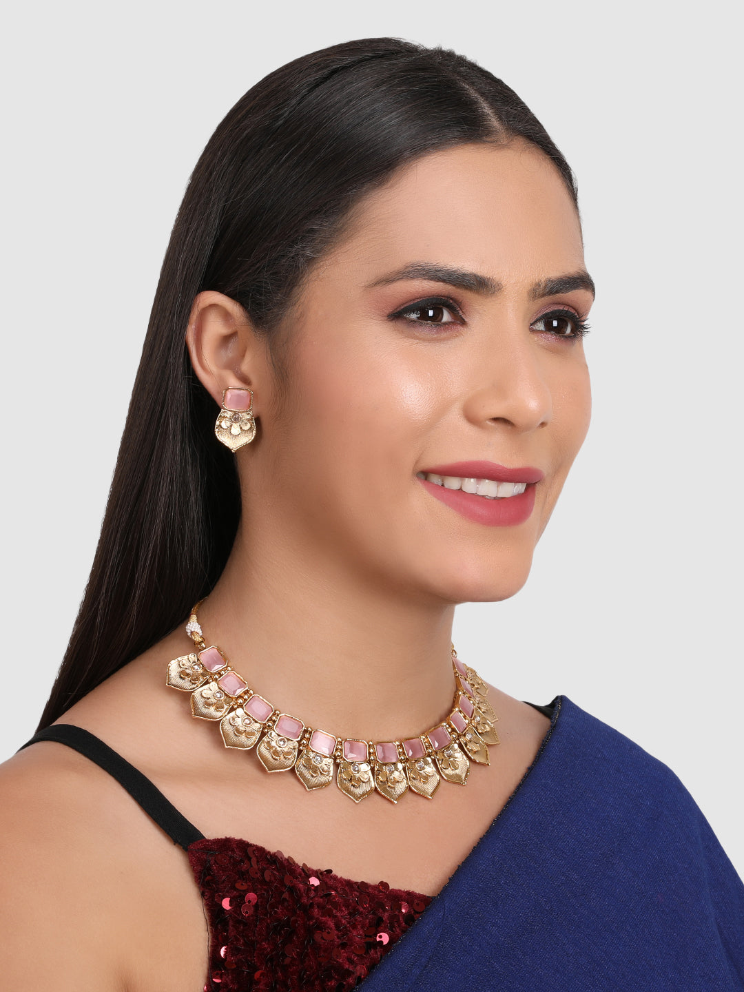 Gold-Plated Pink Stone Studded Choker Jewellery Set