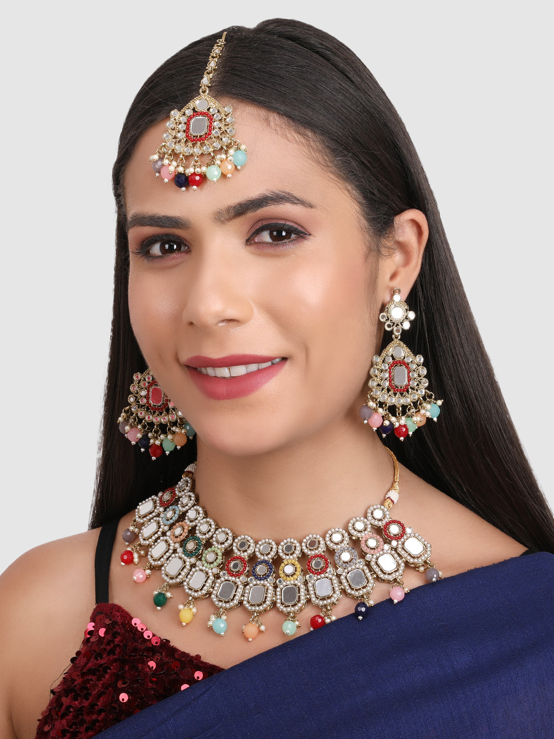 Women Gold-Plated Maroon, Yellow, Pink Stone-Studded & Beaded Jewelry Set