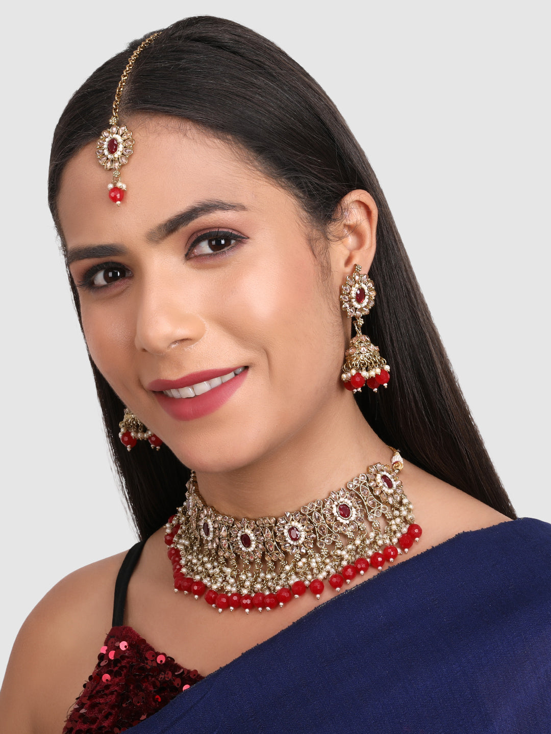 Gold-Plated Red Stone-Studded & Beaded Jewellery Set
