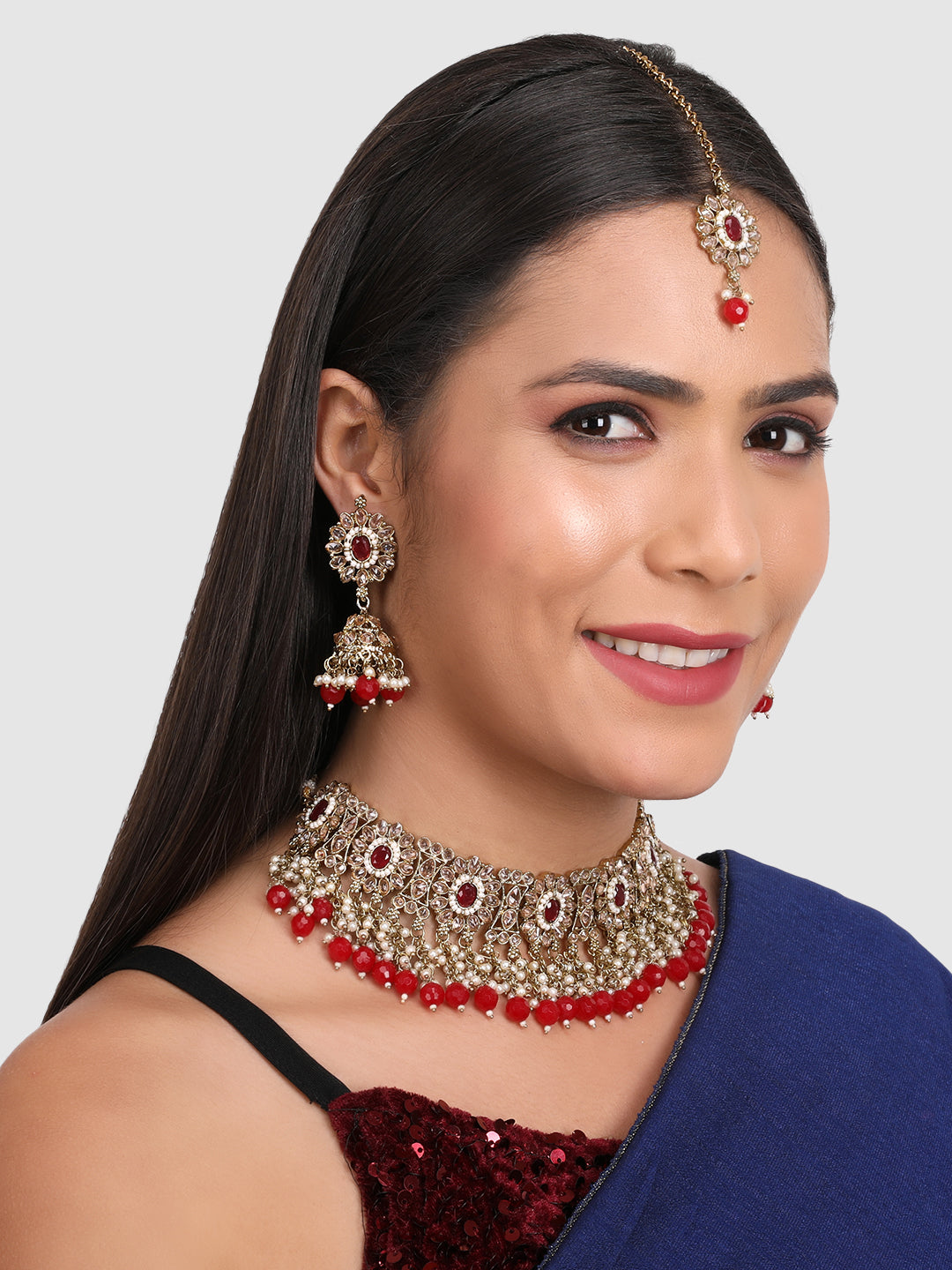 Gold-Plated Red Stone-Studded & Beaded Jewellery Set