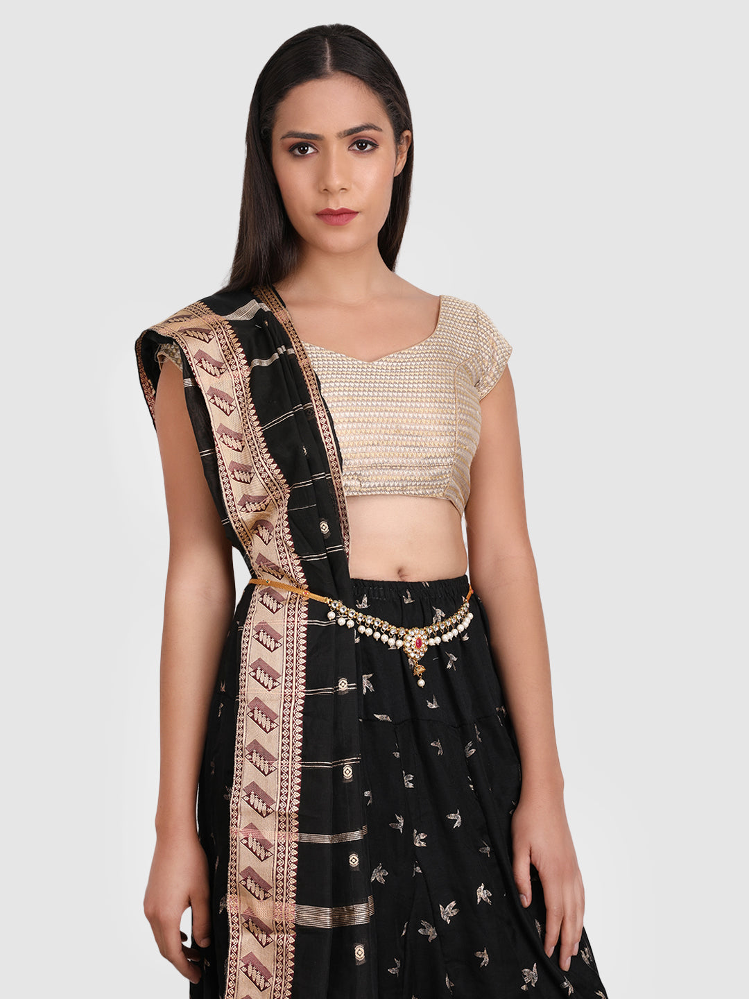 Gold-Plated White CZ-Studded & Beaded Waist Chain