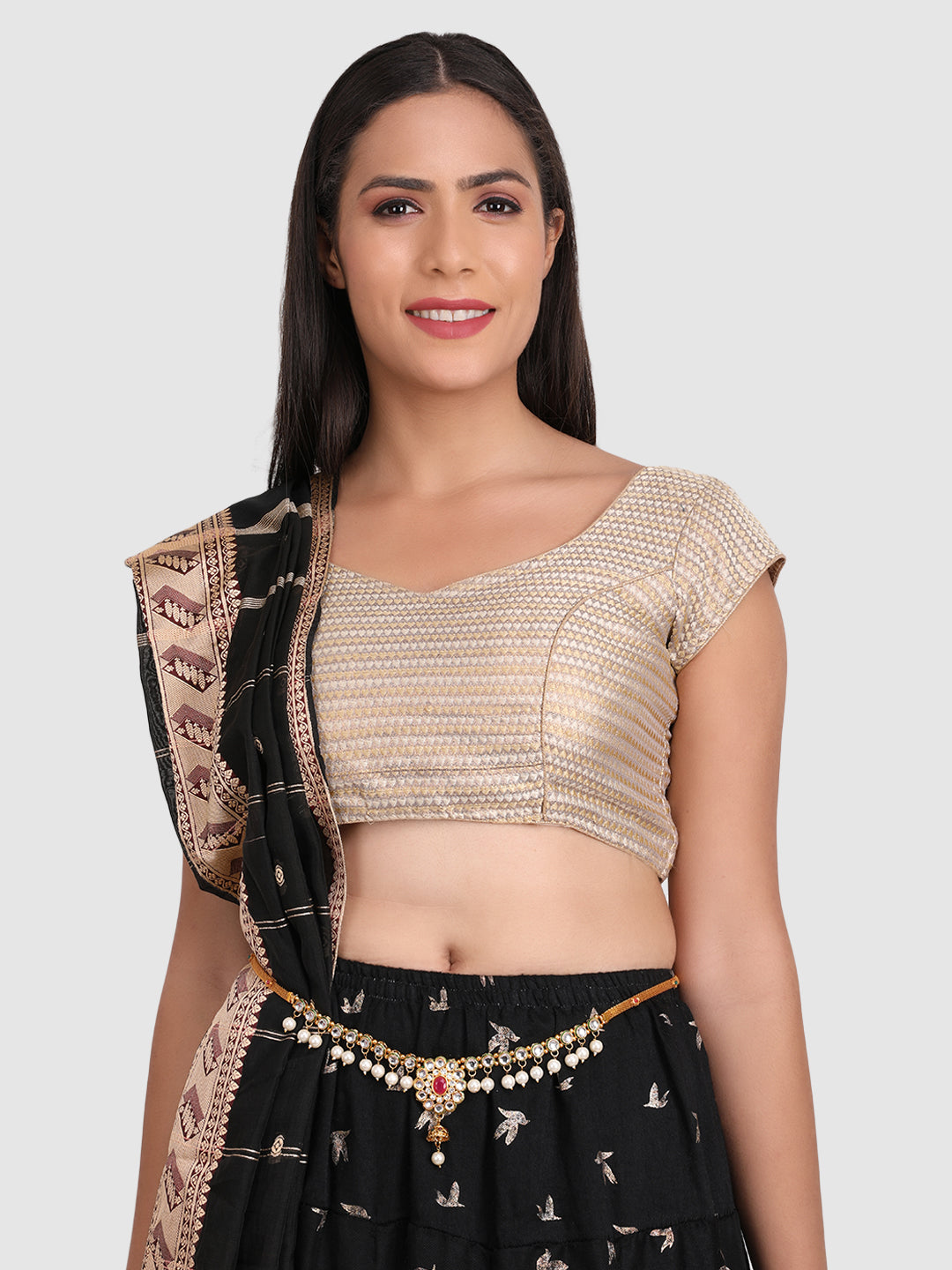Gold-Plated White CZ-Studded & Beaded Waist Chain
