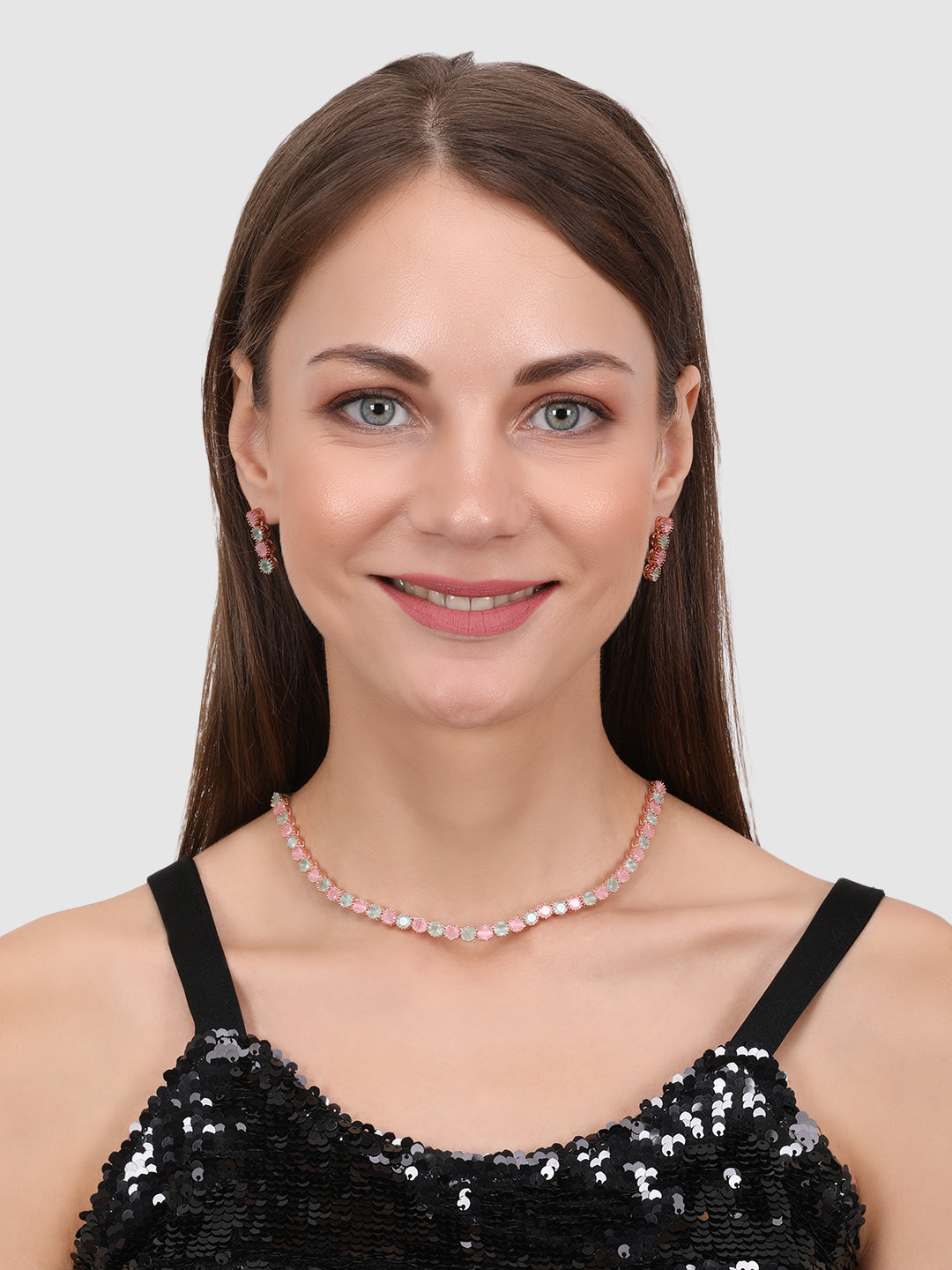 Rose-Gold-Plated Pink & Green American Diamond Studded Jewellery Set