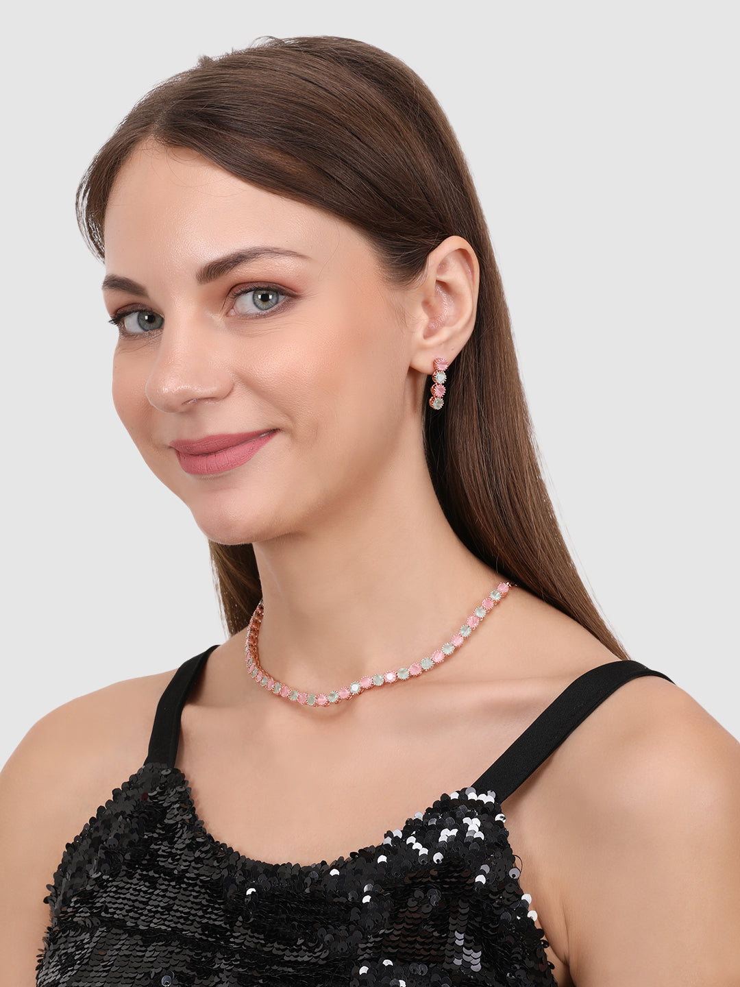 Rose-Gold-Plated Pink & Green American Diamond Studded Jewellery Set