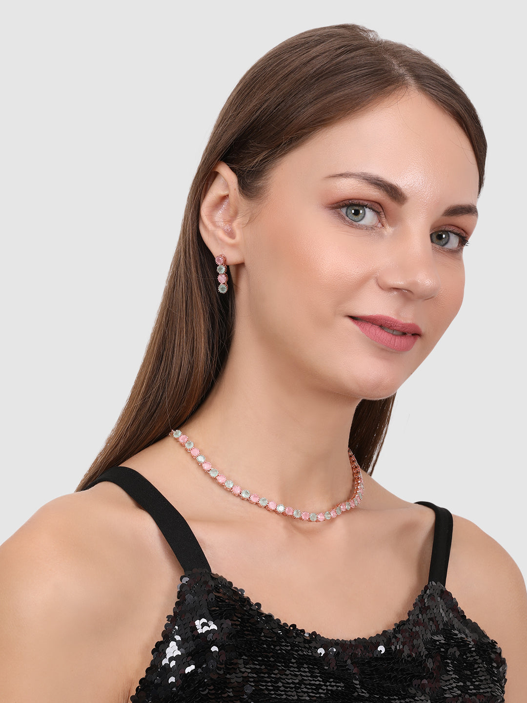Rose-Gold-Plated Pink & Green American Diamond Studded Jewellery Set