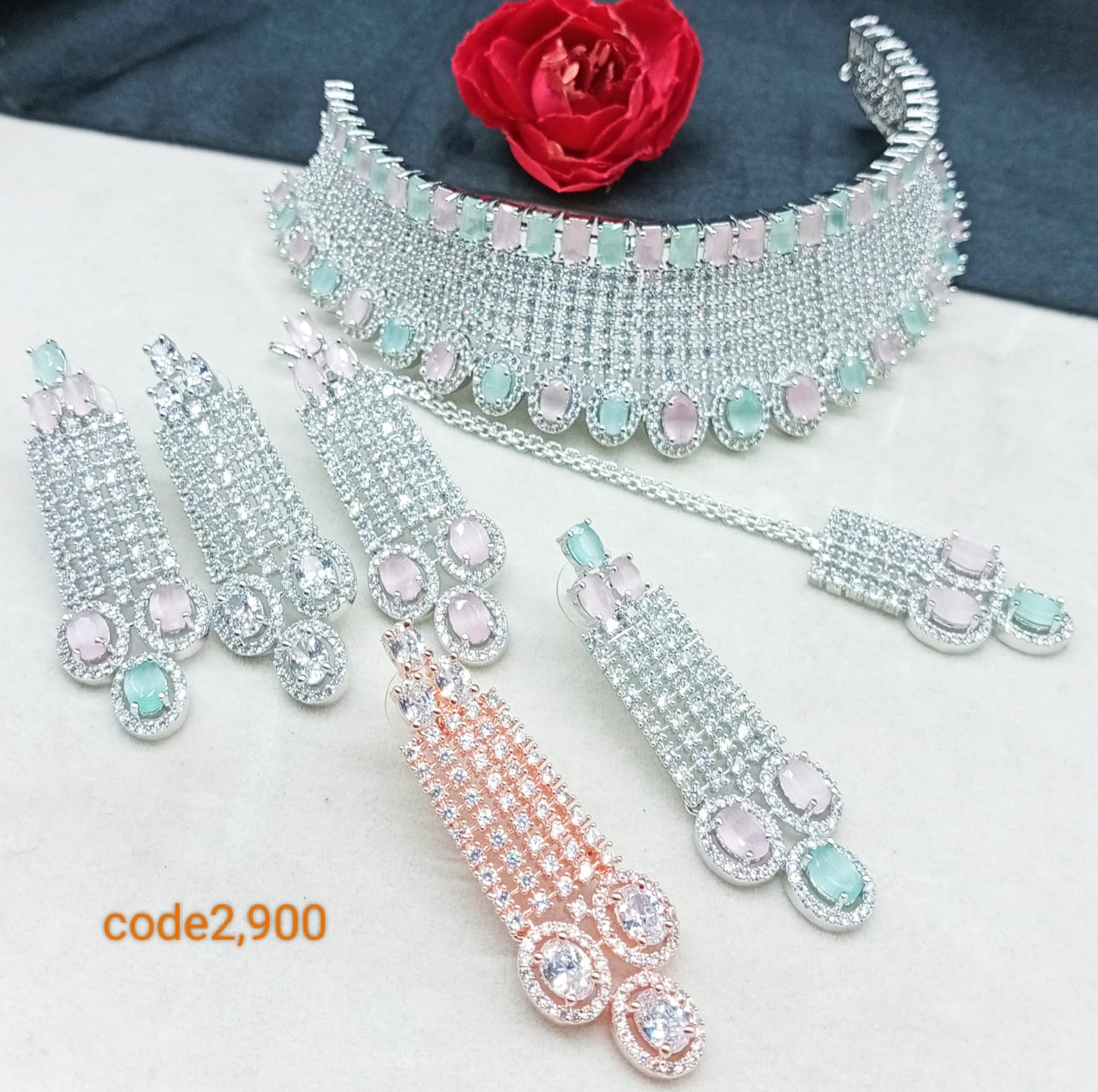 American Diamond Chic style Choker set with Earrings and Tika