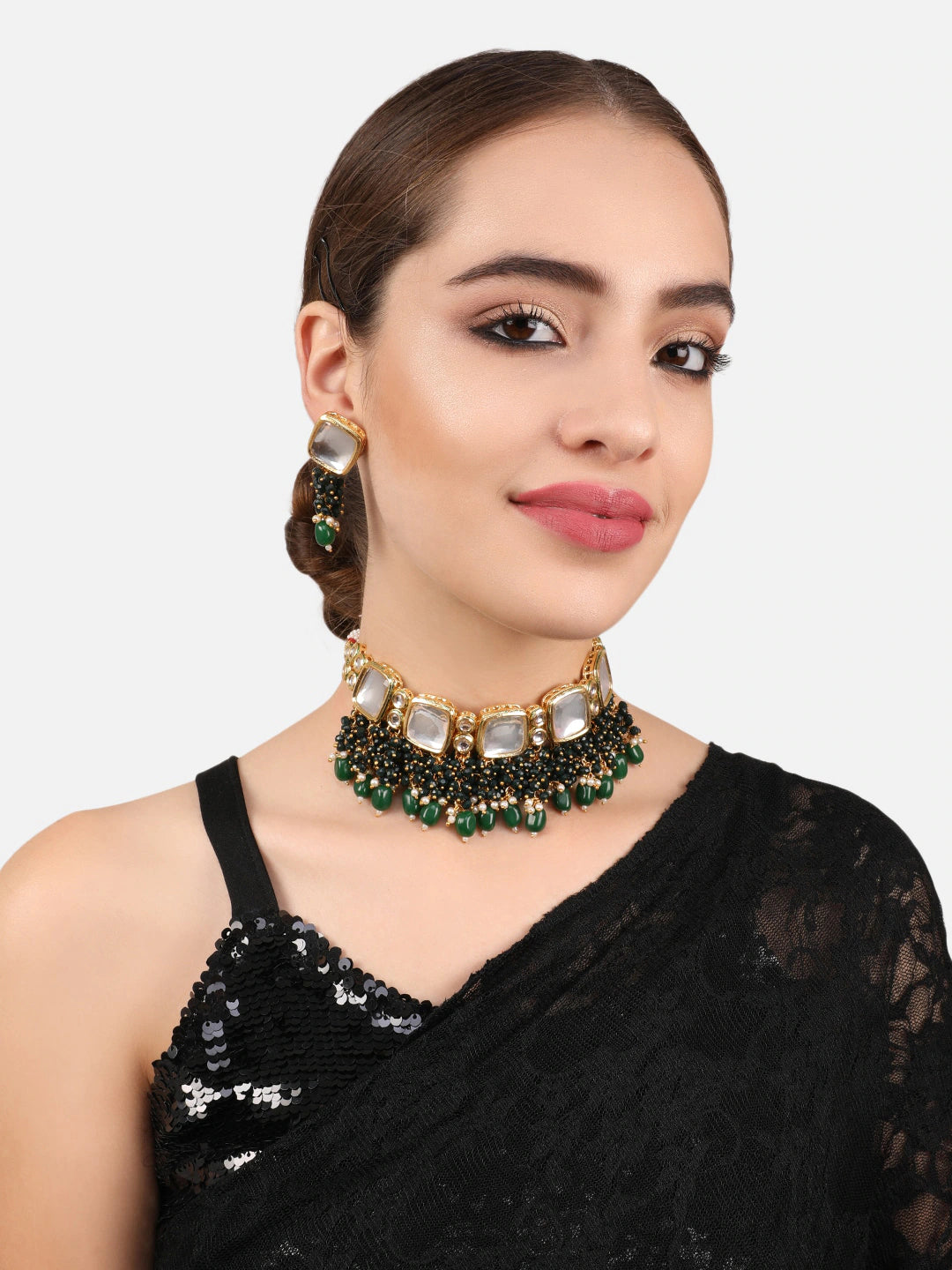Gold Plated Green White Kundan Studded Beaded Vilandi Jewellery Set