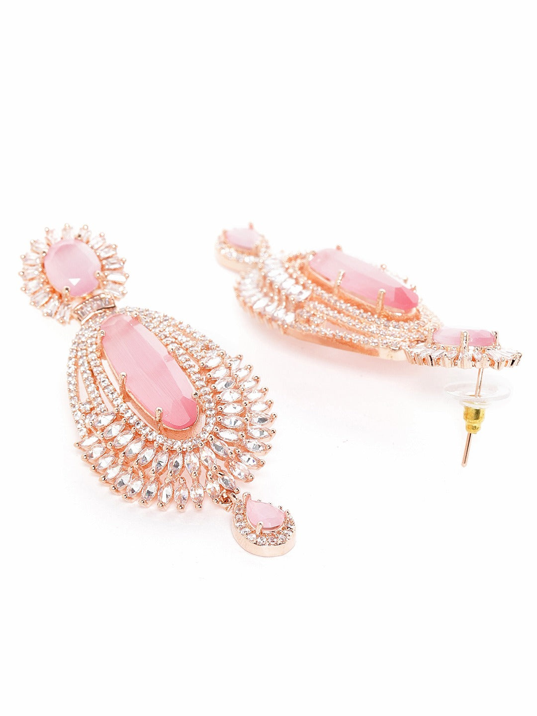 Pink Rose Gold-Plated AD Studded Handcrafted Oval Drop Earrings