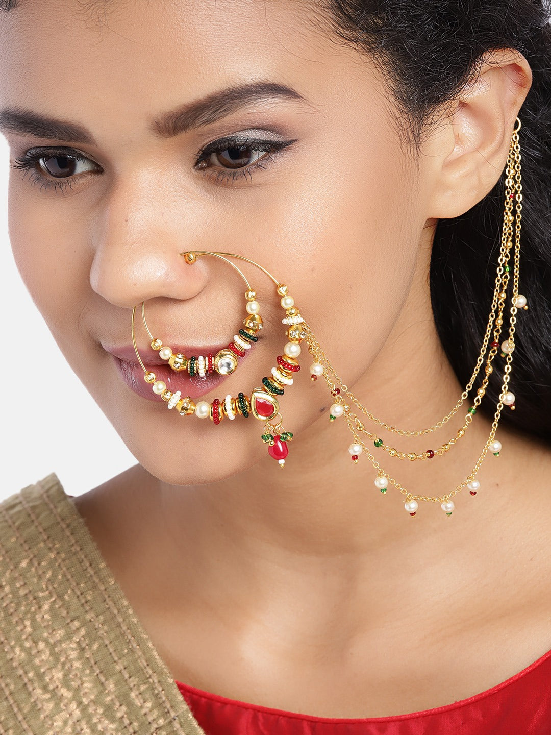 Red & Green Gold-Plated CZ-Studded & Beaded Chained Nose Ring