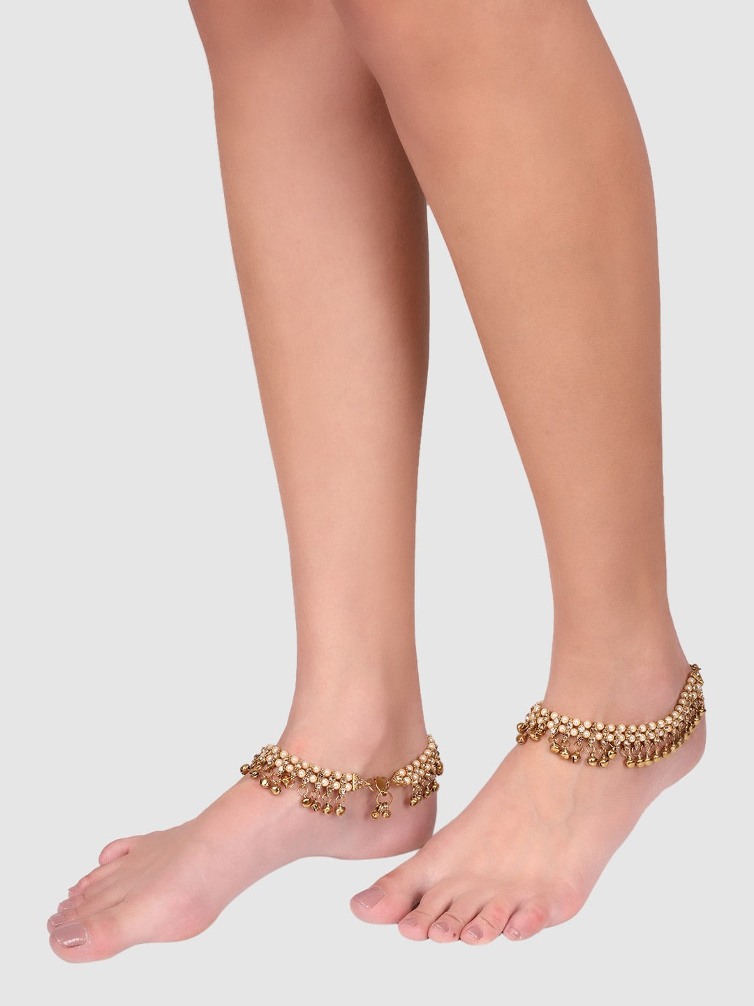 Women Pair of Gold Plated Partywear Bridal Look Stone Studded Anklet