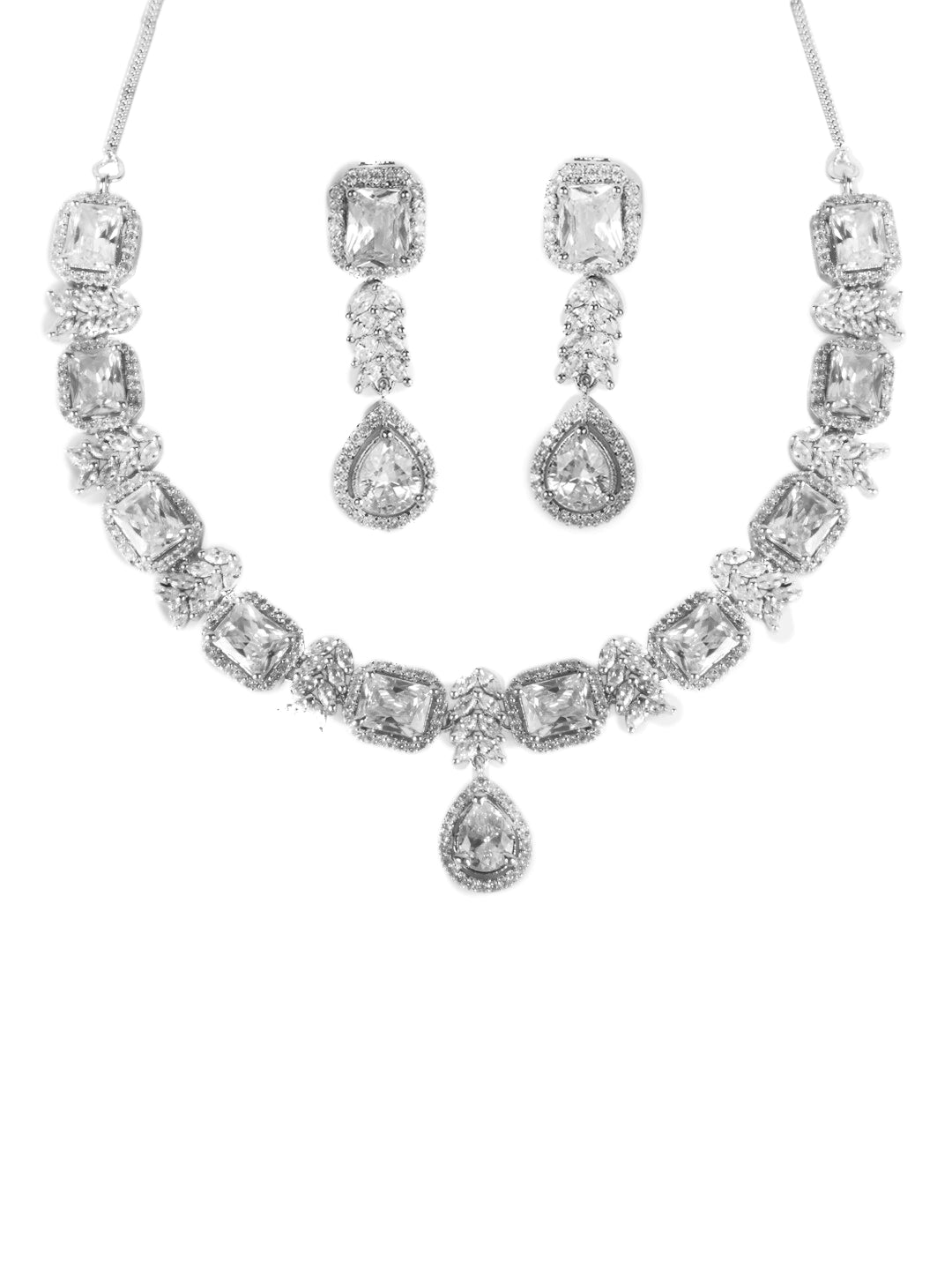 Silver-Plated & White AD-Studded Jewellery Set