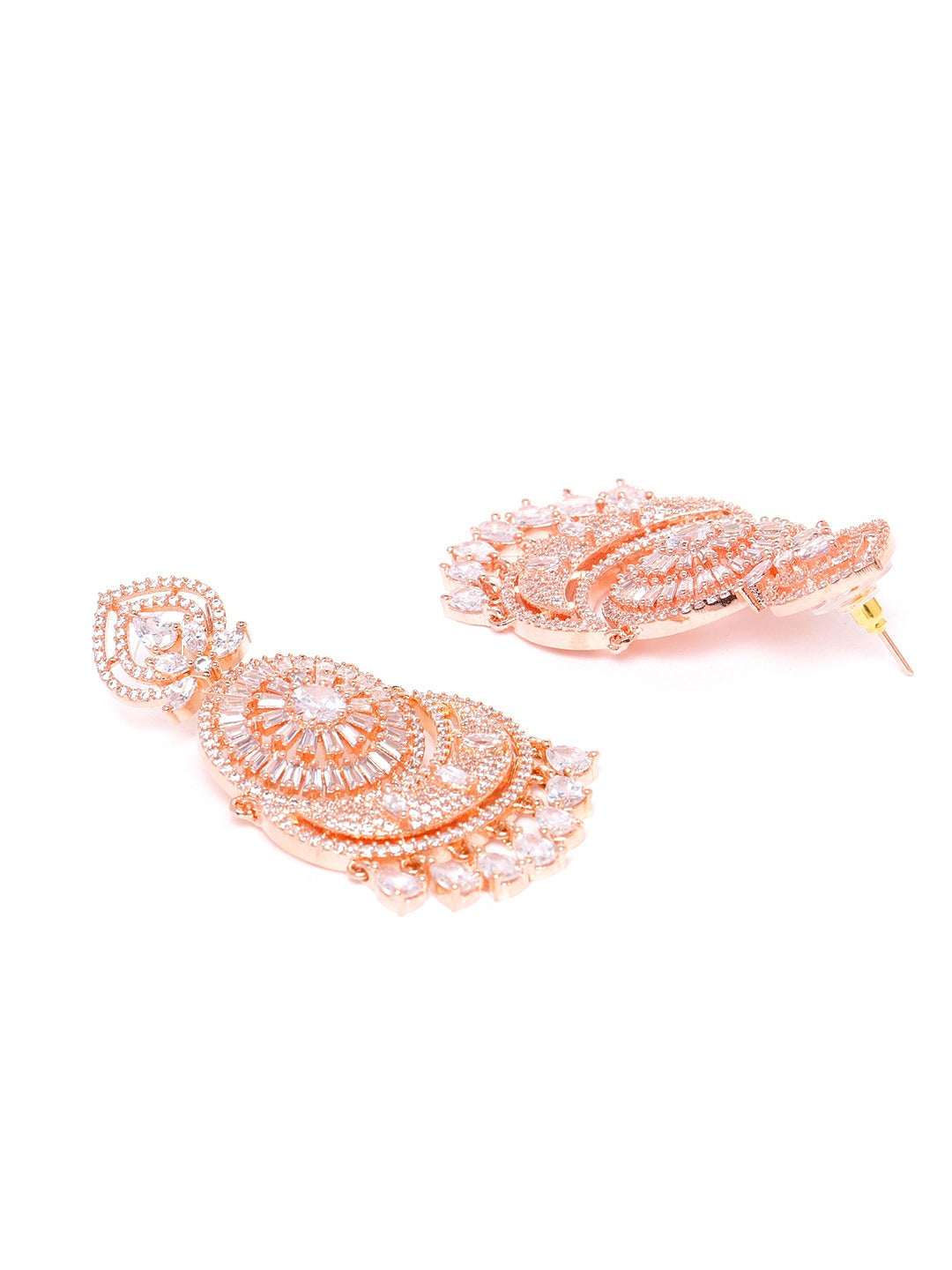 Rose Gold-Plated Handcrafted CZ-Studded Crescent-Shaped Chandbalis