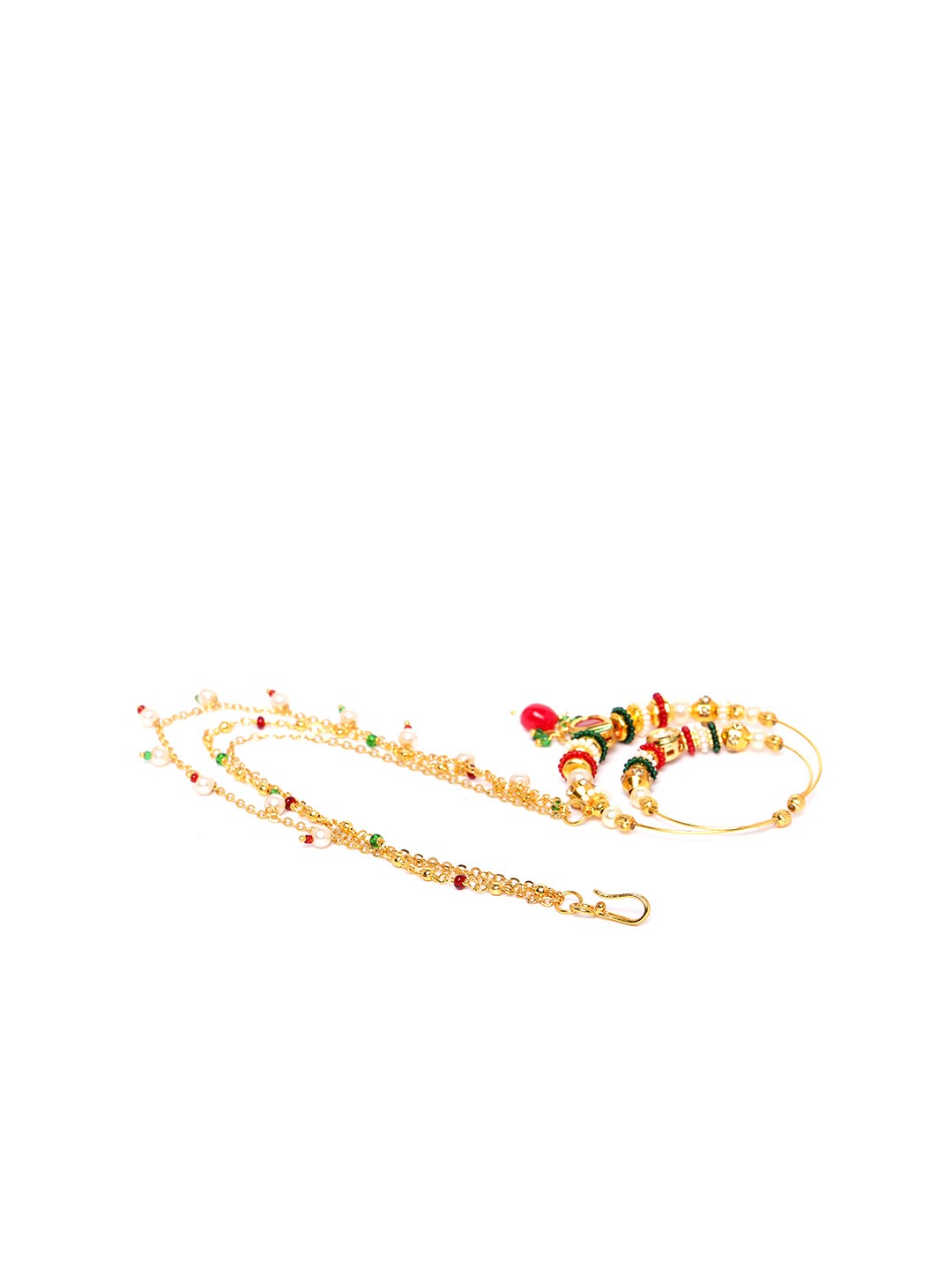 Red & Green Gold-Plated CZ-Studded & Beaded Chained Nose Ring