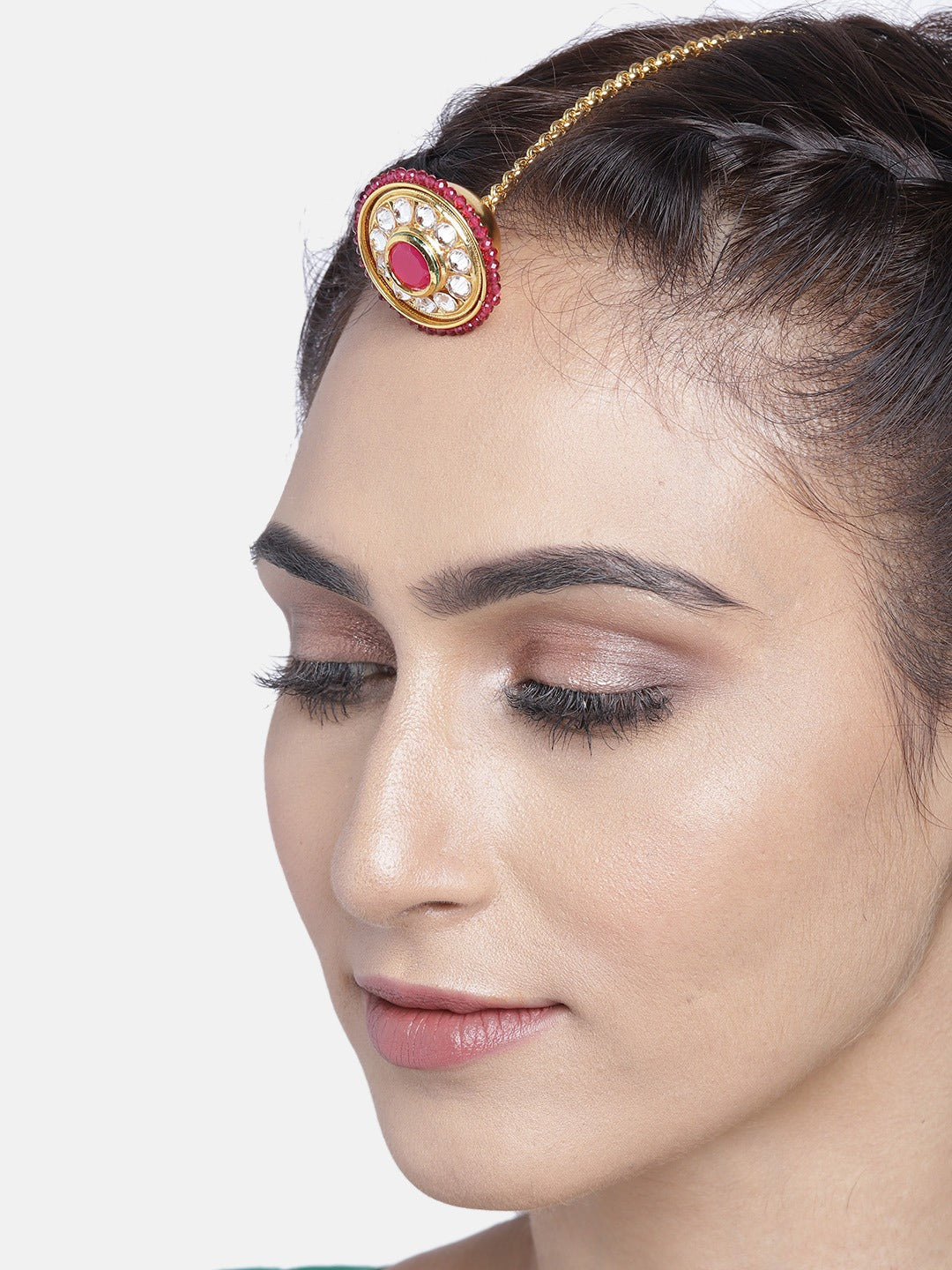 Pink Silver-Plated CZ Stone-Studded Handcrafted Maang Tika