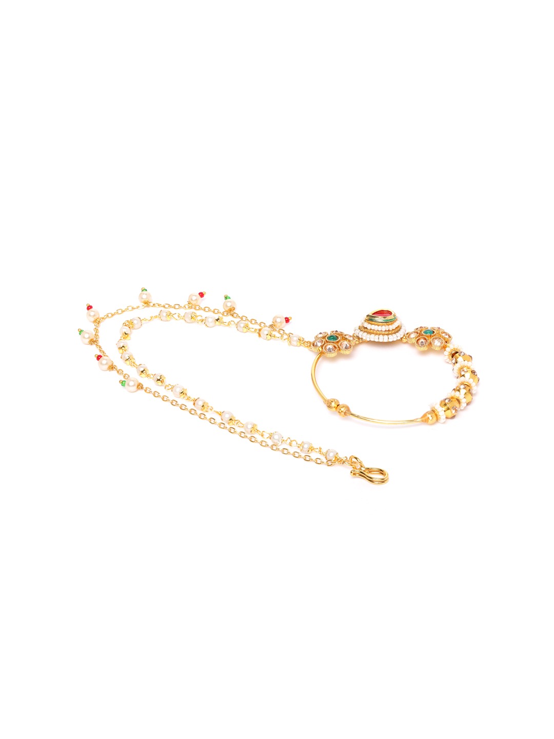 Red & Green Gold-Plated Stone-Studded Nose Ring with Beaded Chain