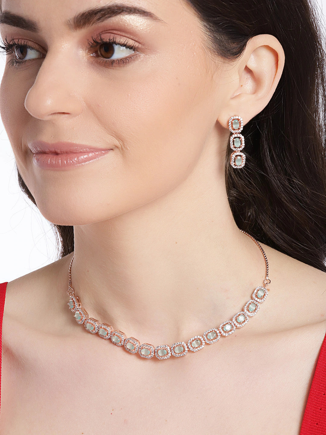 Sea green Rose Gold-Plated AD-Studded Handcrafted Jewellery Set