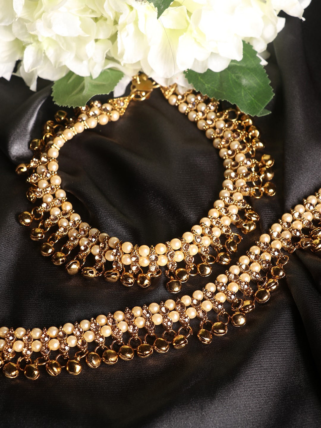 Women Pair of Gold Plated Partywear Bridal Look Stone Studded Anklet